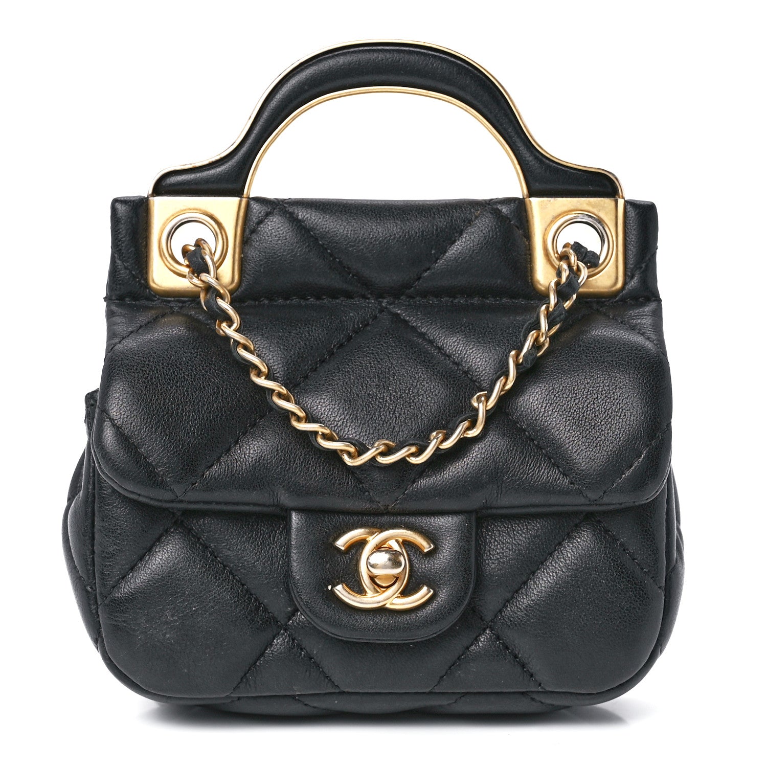 Chanel Calfskin Quilted Lady Handle Flap Card Holder With Chain Black 1 of 14