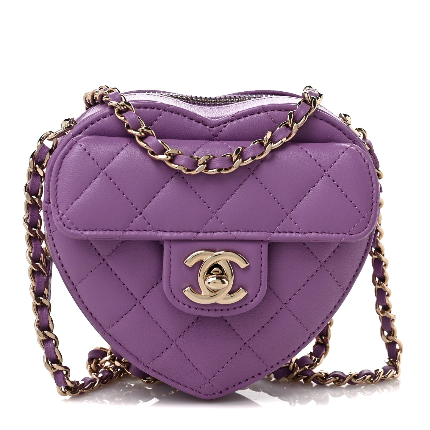 Lambskin Quilted CC In Love Heart Clutch With Chain Purple