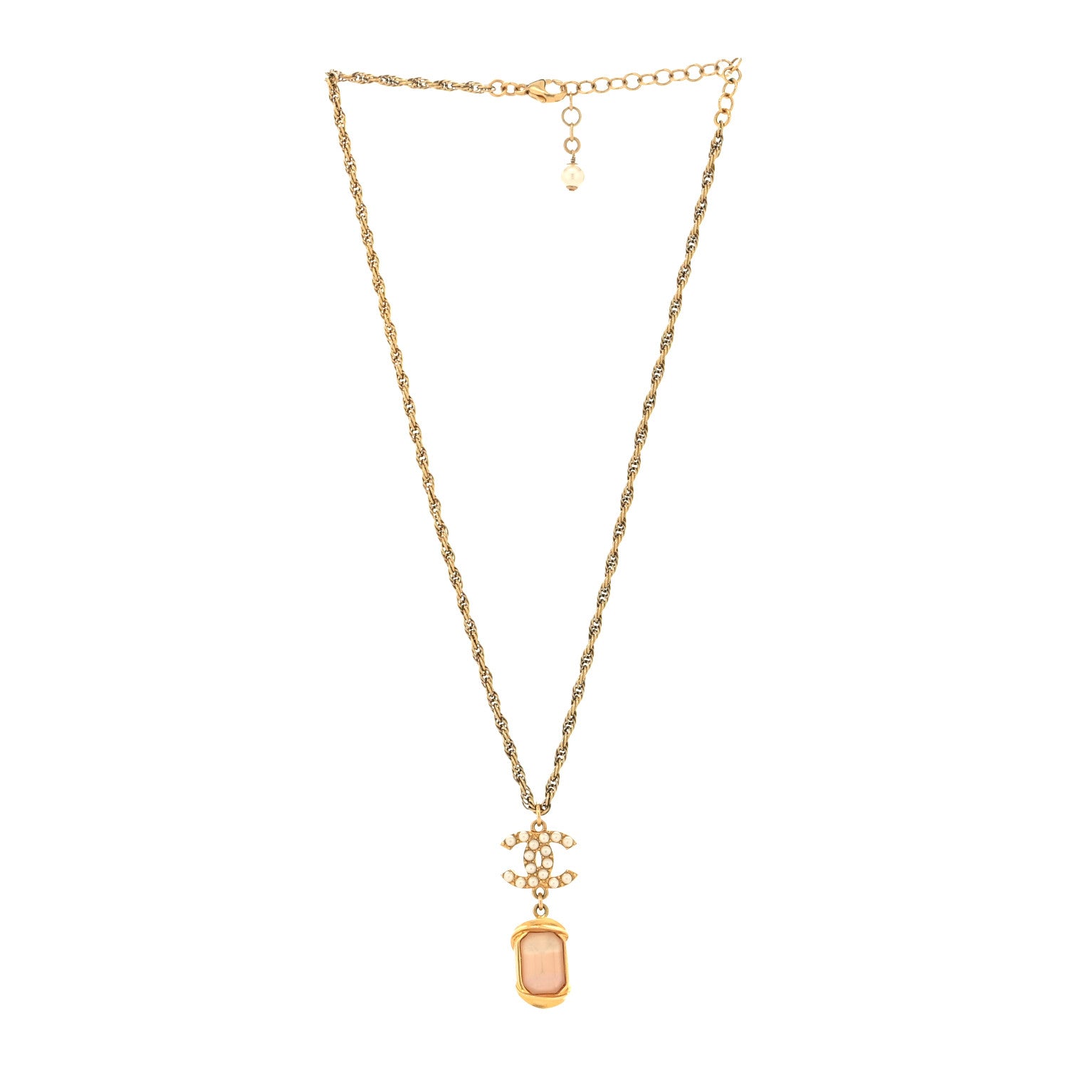 Chanel Pearl Crystal CC Pendant Necklace Gold Pink Pearly White 3 of 5