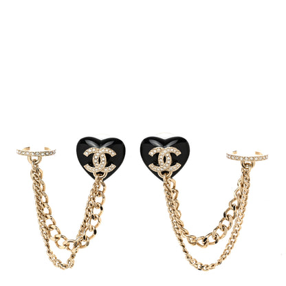 Chanel Resin Crystal CC Heart Chain Cuff Earrings Black Gold 1 of 5