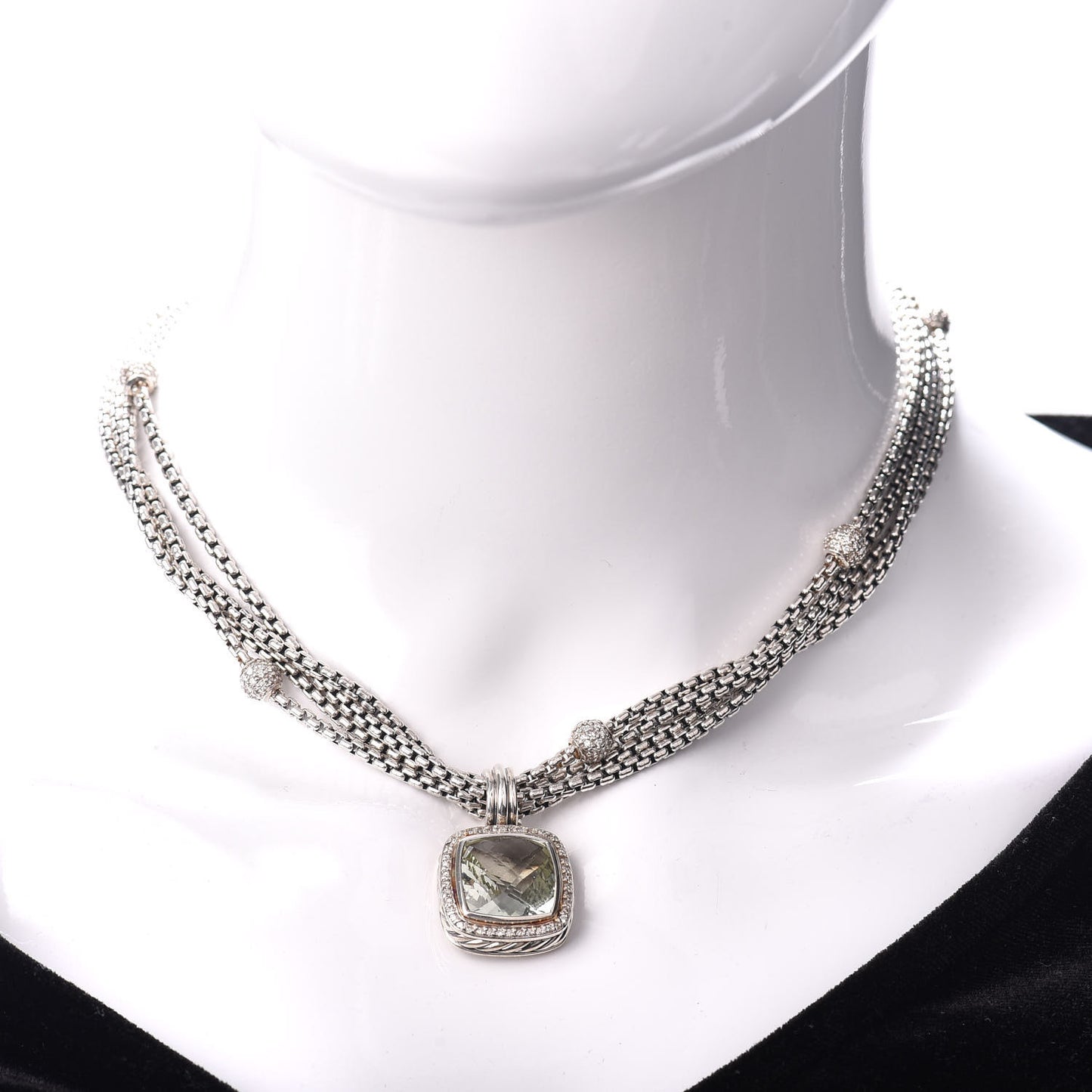 Sterling Silver Diamond Prasiolite Multi Strand 20mm Albion Pendant Necklace