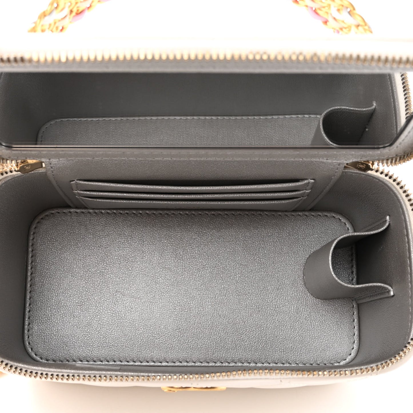 Shiny Calfskin Quilted Small Top Handle Vanity Case With Chain White