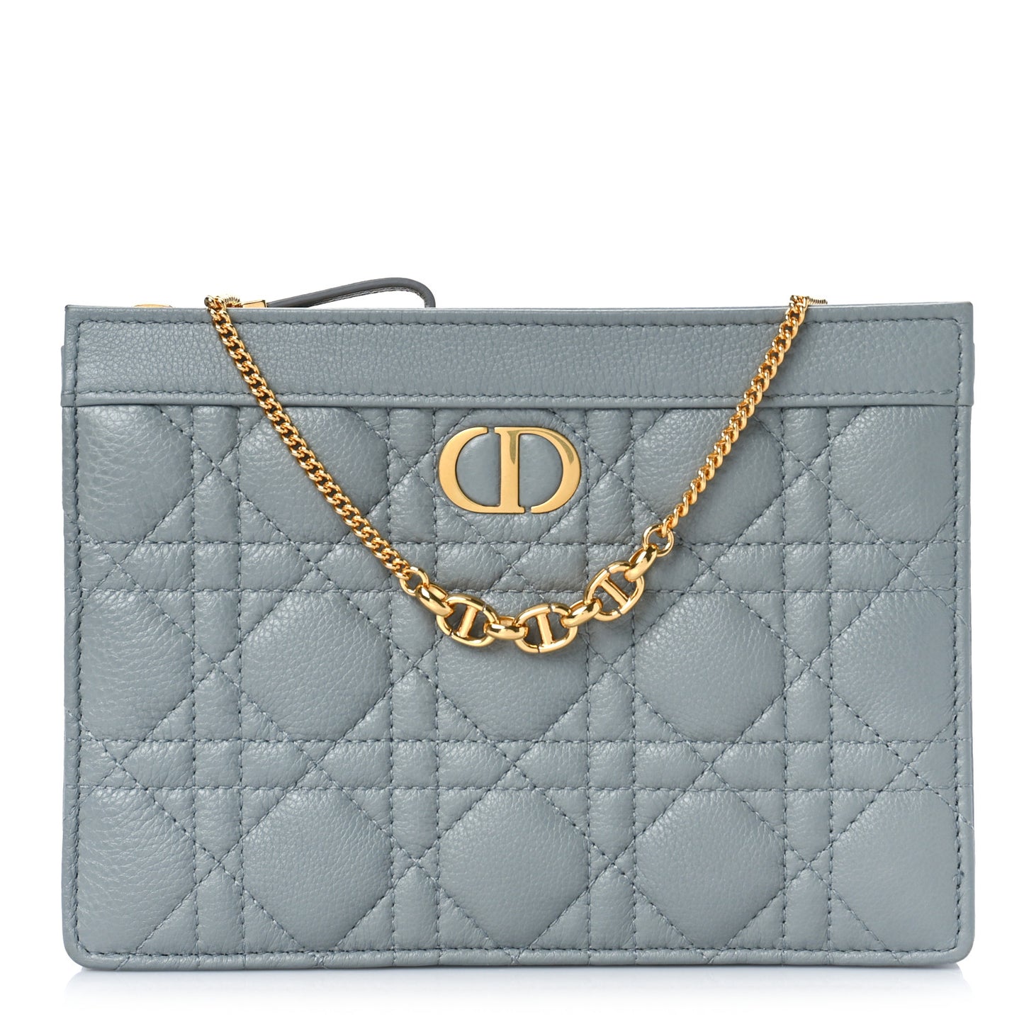 Calfskin Cannage Caro Zipped Pouch With Chain Cloud Blue