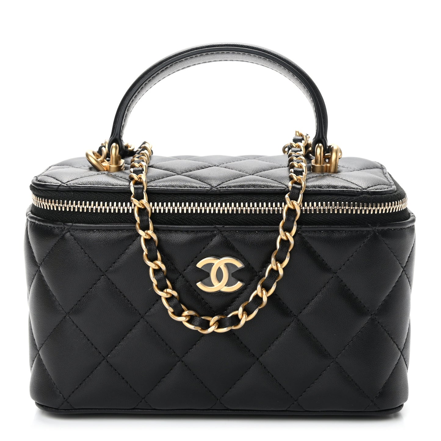 Lambskin Quilted Small Top Handle Vanity Case With Chain Black