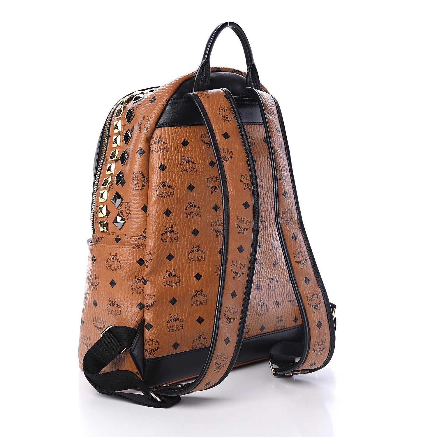 MCM Visetos Studded Colorblock Medium Stark Brock Backpack Cognac Black 2 of 8
