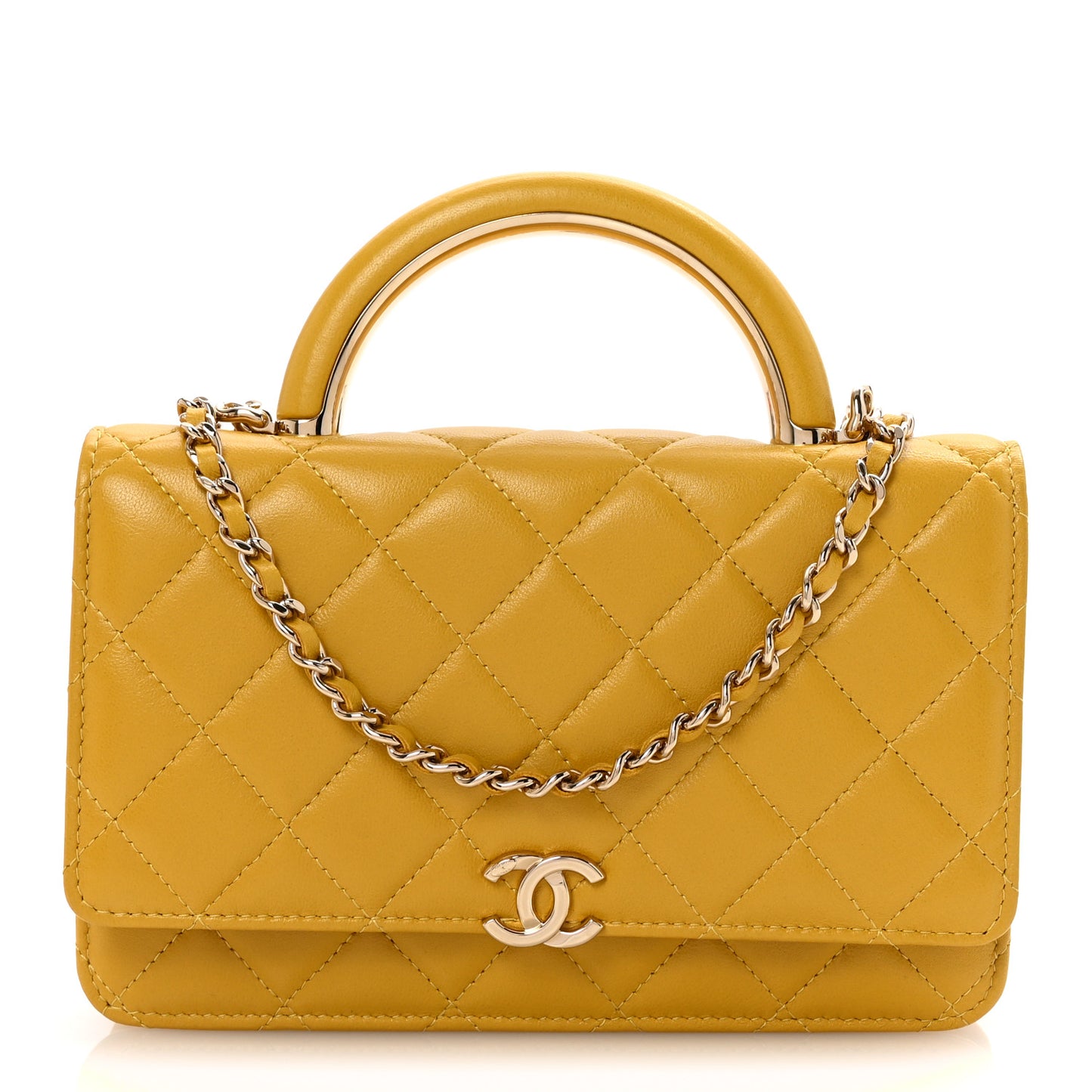 Lambskin Quilted Top Handle Wallet On Chain WOC Yellow