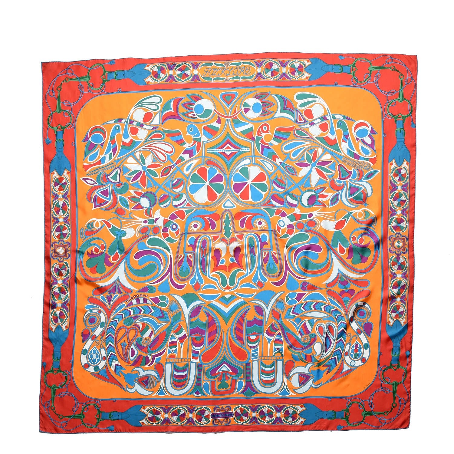 Hermes Silk Folklore Scarf 140 Orange Rouge Cobalt 1 of 6