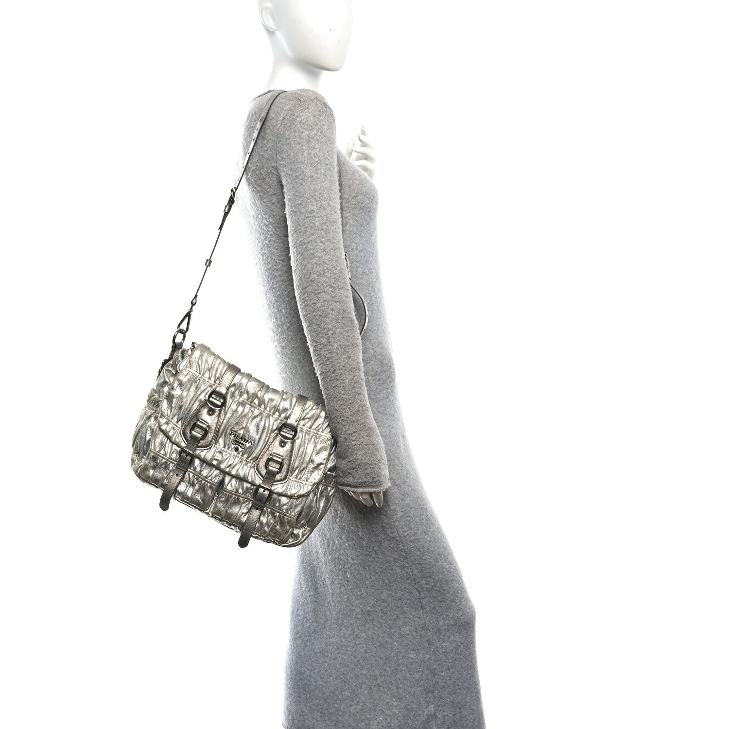 Prada Metallic Nappa Gaufre Messenger Tote Argento 2 of 9