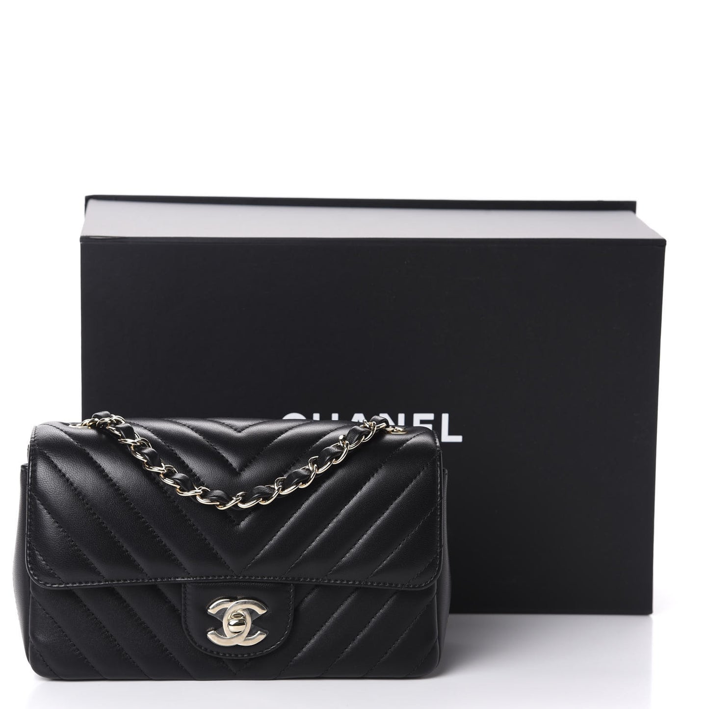 Lambskin Chevron Quilted Mini Rectangular Flap Black