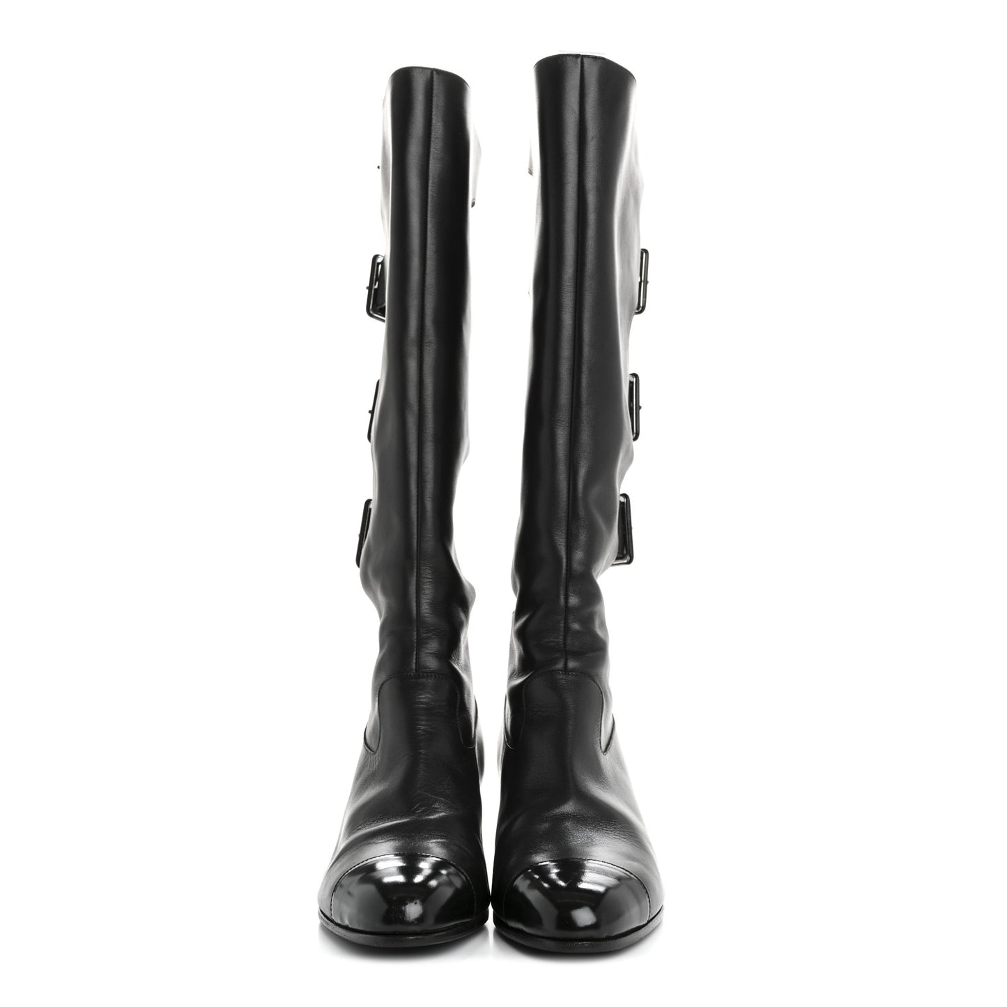 Lambskin Patent Cut Out Buckle Cap Toe Knee High Boots 35.5 Black