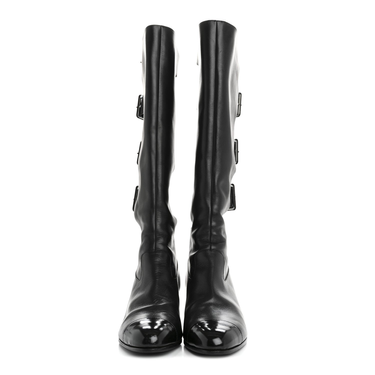 Chanel Lambskin Patent Cut Out Buckle Cap Toe Knee High Boots 35.5 Black 2 of 9