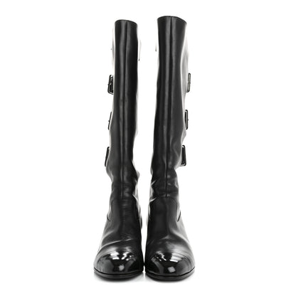 Chanel Lambskin Patent Cut Out Buckle Cap Toe Knee High Boots 35.5 Black 2 of 9