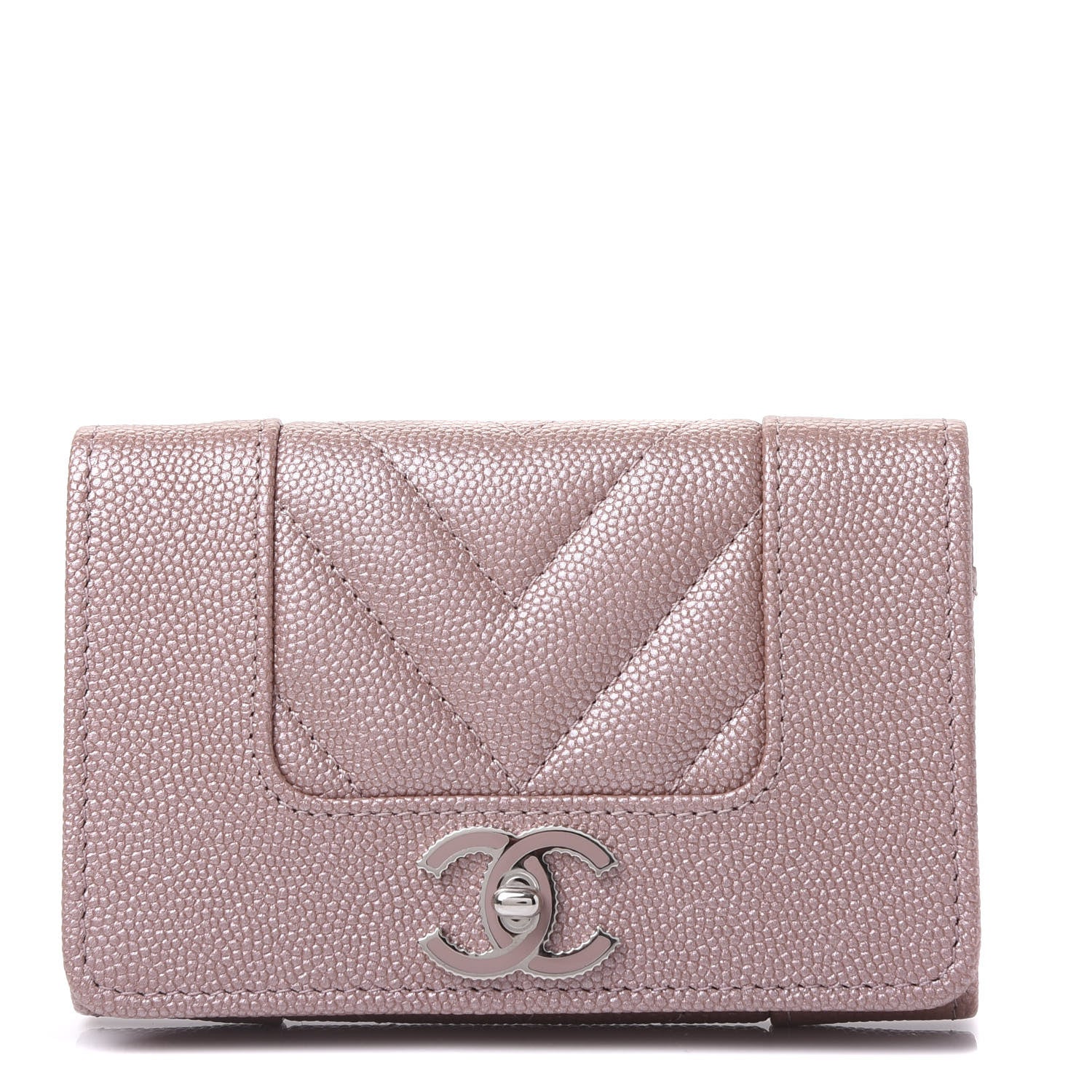 Chanel Metallic Caviar Chevron Quilted Vintage Mademoiselle Flap Card Holder Pink 1 of 10