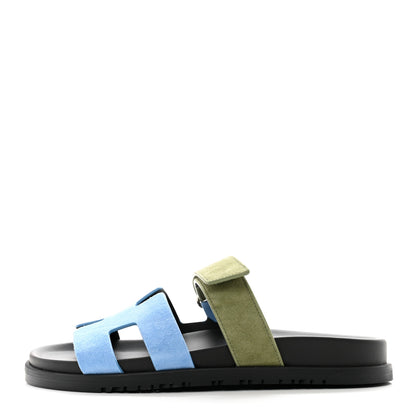 Hermes Suede Goatskin Womens Chypre Sandals 38 Bleu Cameo Vert 1 of 9