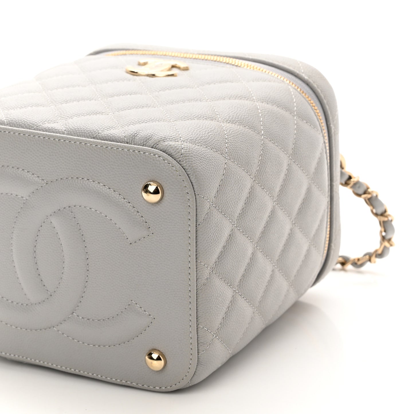 Caviar Quilted Small Top Handle Vanity Case With Chain Grey