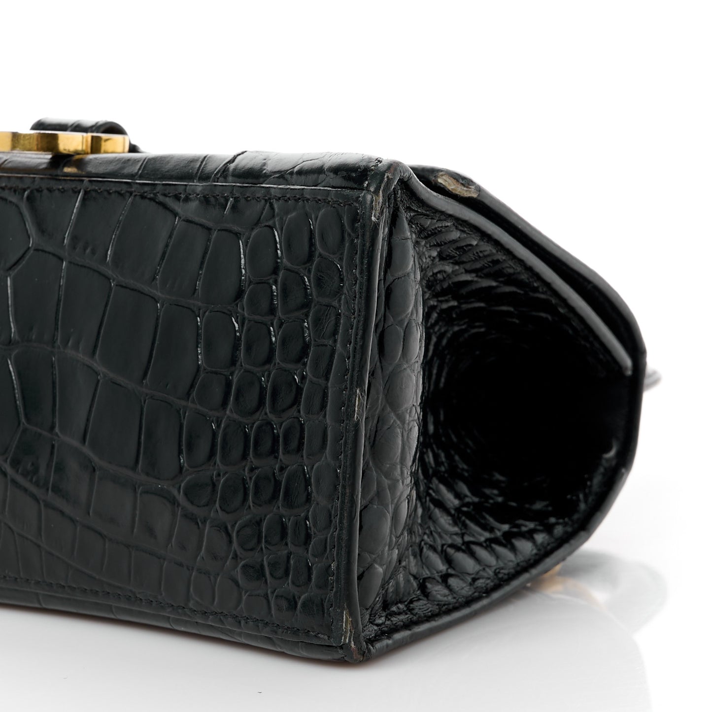 Shiny Calfskin Crocodile Embossed Small Hourglass Top Handle Bag Black