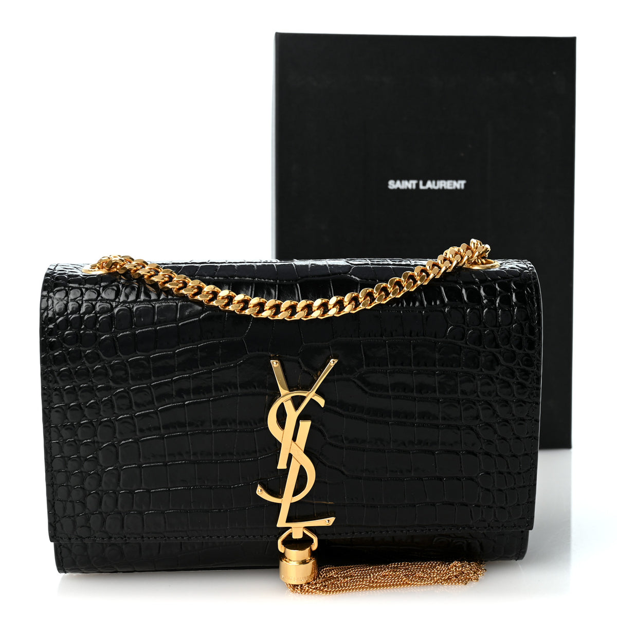 Calfskin Crocodile Embossed Small Classic Monogram Kate Tassel Satchel Black