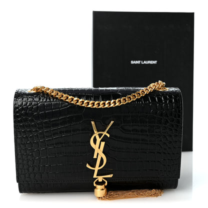 Saint Laurent Calfskin Crocodile Embossed Small Classic Monogram Kate Tassel Satchel Black 10 of 10