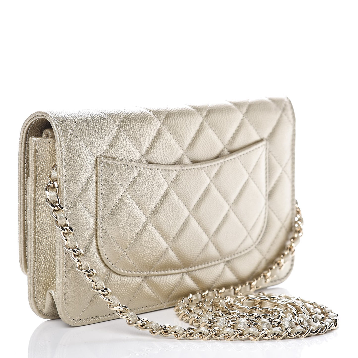 Pearly Caviar Quilted Wallet On Chain WOC Light Gold