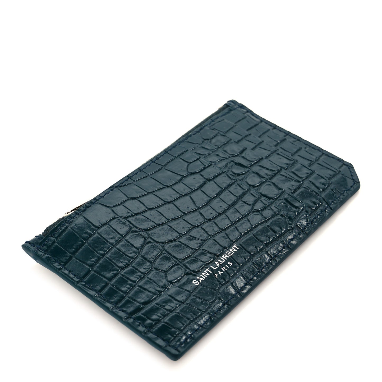 Calfskin Crocodile Embossed 5 Fragments Zip Pouch Card Holder Dark Turquoise