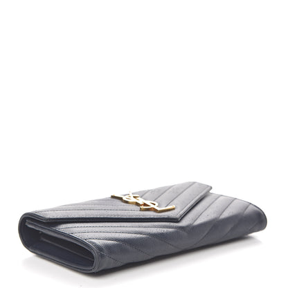 Saint Laurent Grain De Poudre Matelasse Chevron Monogram Flap Wallet Deep Marine 4 of 12