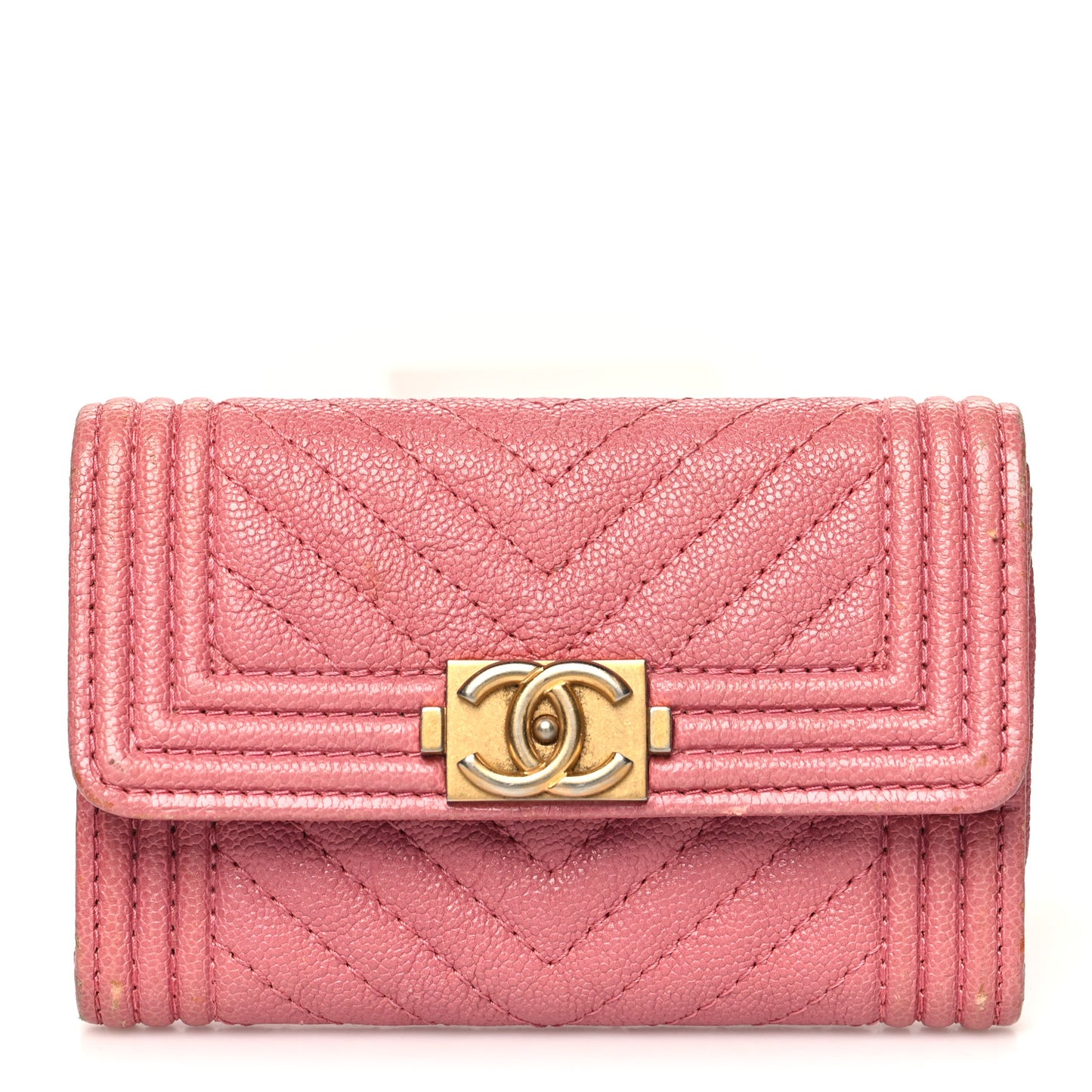 Caviar Chevron Quilted Boy Flap Card Holder Wallet Light Pink