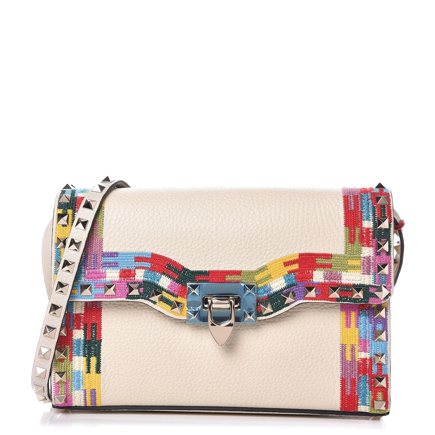 Valentino Garavani Pebbled Calfskin Embroidered Medium Rockstud Flip Lock Crossbody Bag Ivory 1 of 7