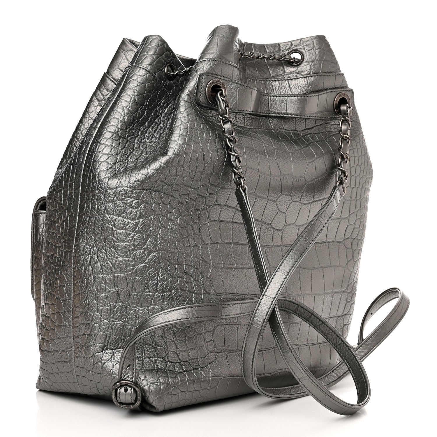 Chanel Metallic Calfskin Crocodile Embossed Large Backpack Silver 3 of 10