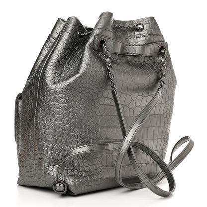 Chanel Metallic Calfskin Crocodile Embossed Large Backpack Silver 3 of 10