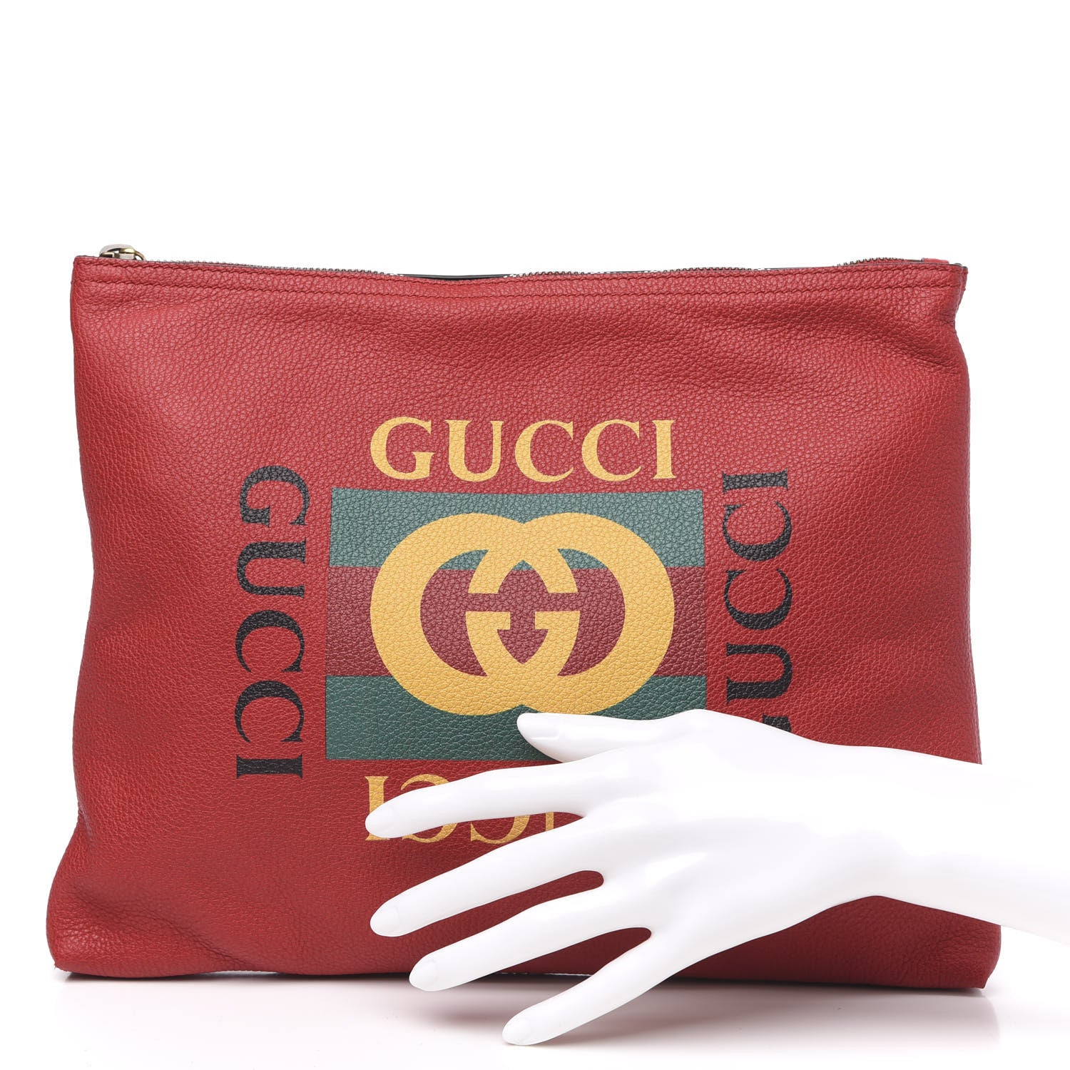 Gucci Pebbled Calfskin Medium Logo Portfolio Clutch Hibiscus Red 2 of 10