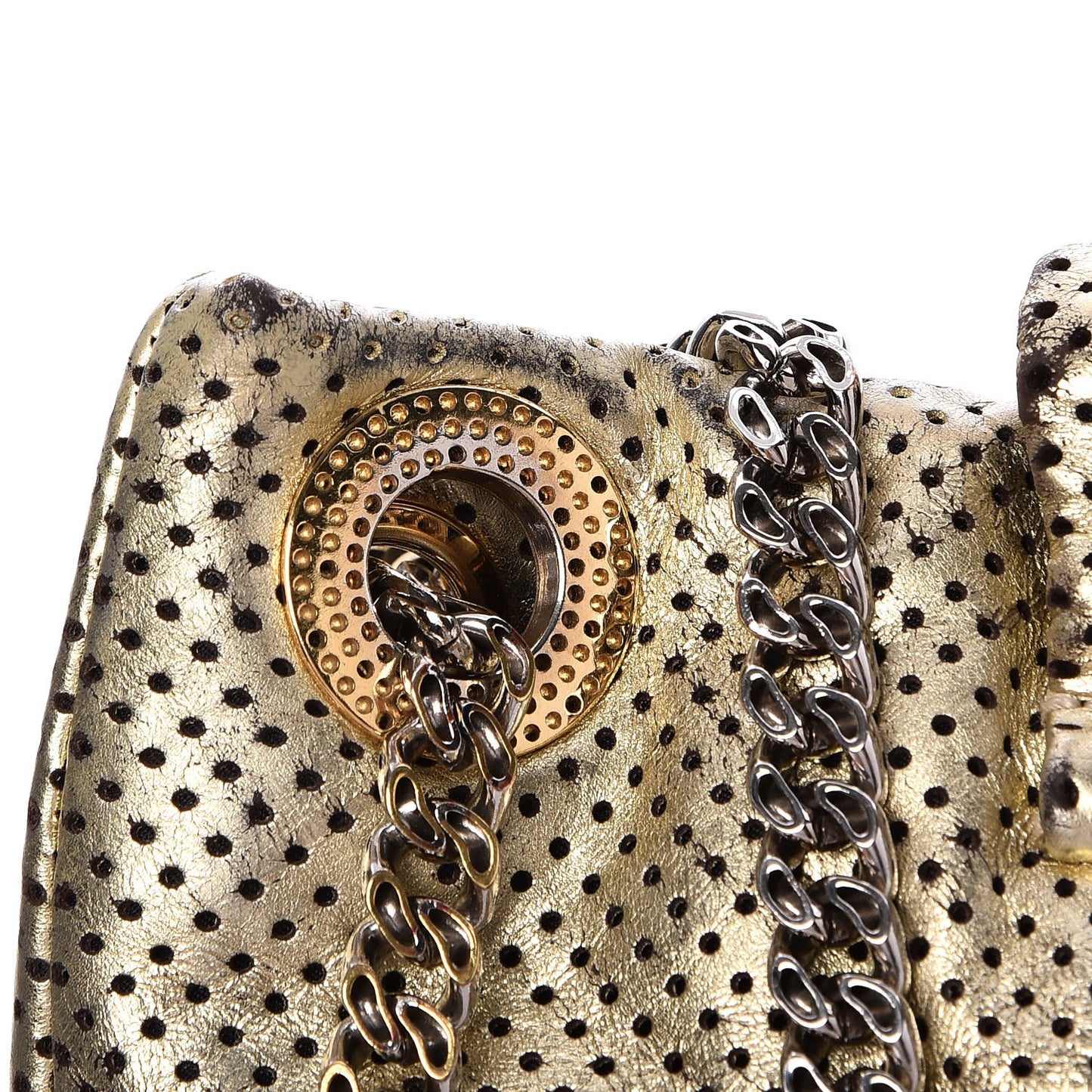 Metallic Crackled Calfskin Perforated Drill Shoulder Bag Gold