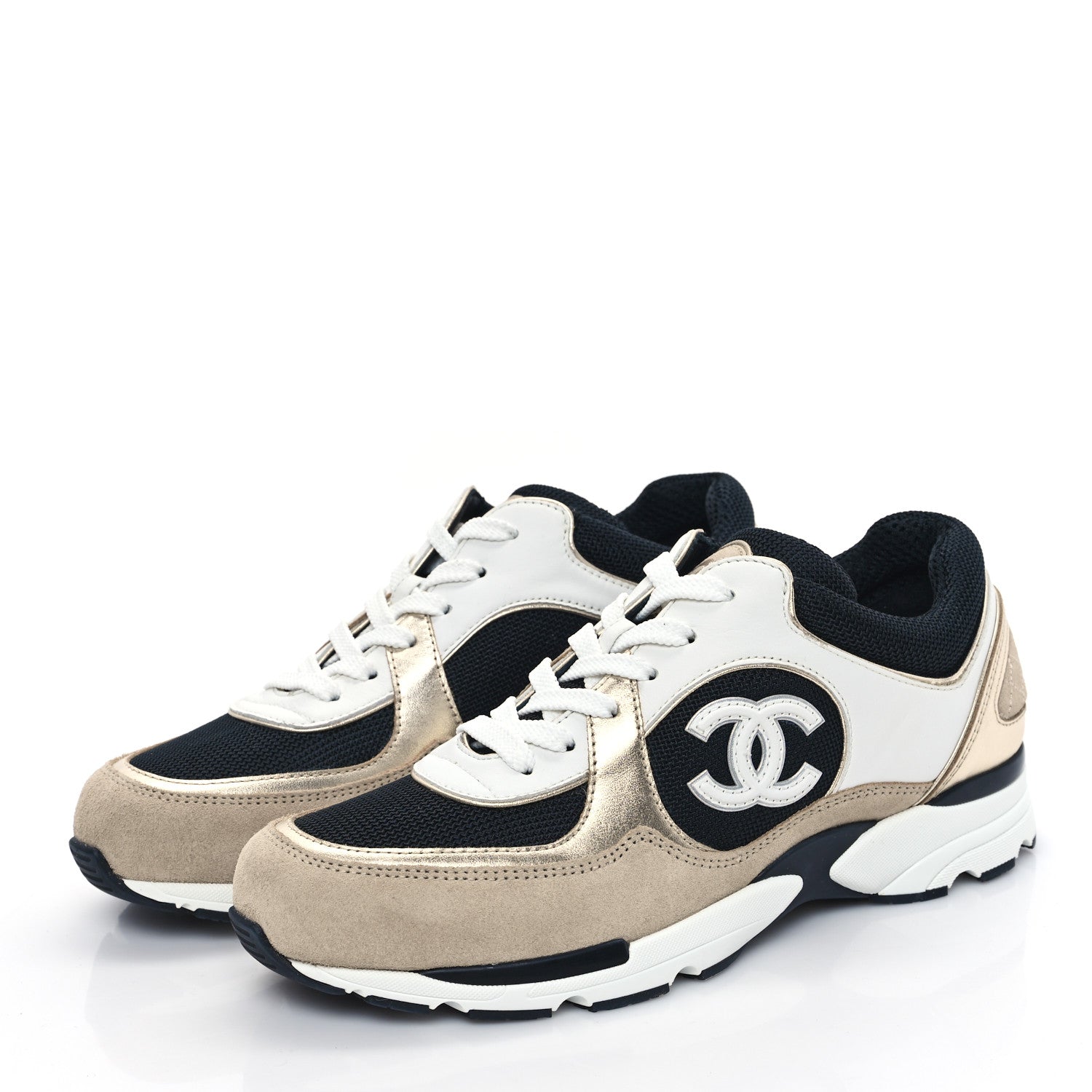 Chanel Mesh Suede Calfskin Womens CC Sneakers 39 White Black Beige Gold 3 of 10