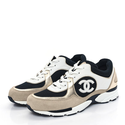 Chanel Mesh Suede Calfskin Womens CC Sneakers 39 White Black Beige Gold 3 of 10