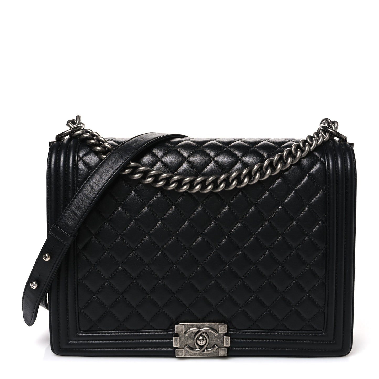 Calfskin Quilted Large Boy Flap Black
