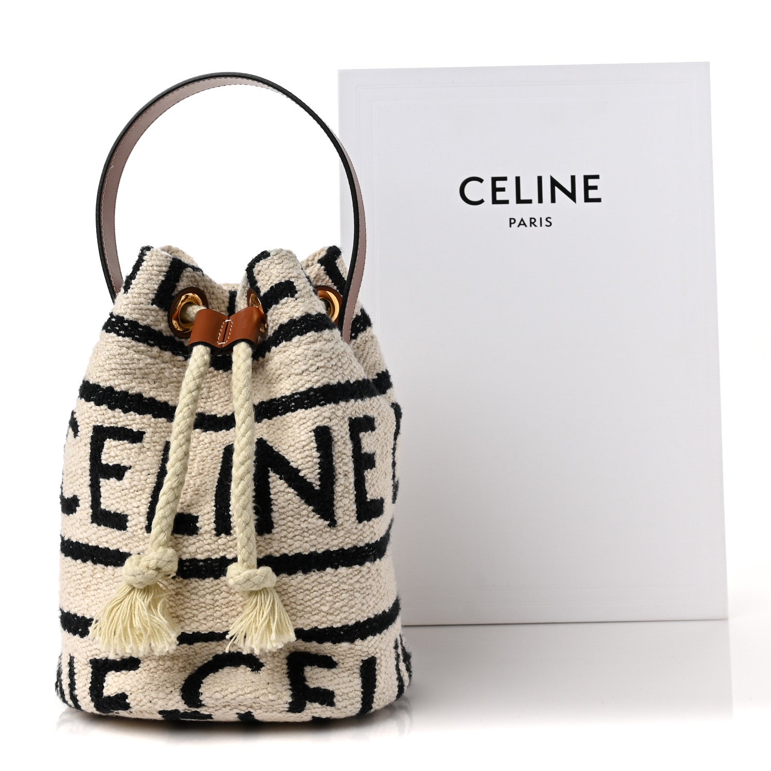 Celine All Over Textile Calfskin Striped Teen Drawstring Bag White Black 8 of 8