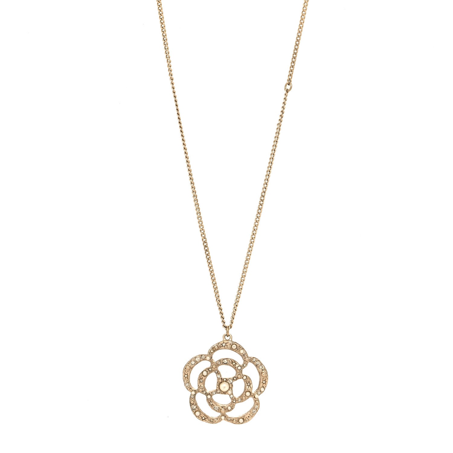 Chanel Pearl Crystal Large Camellia Pendant Necklace Light Gold 1 of 5