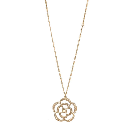 Chanel Pearl Crystal Large Camellia Pendant Necklace Light Gold 1 of 5
