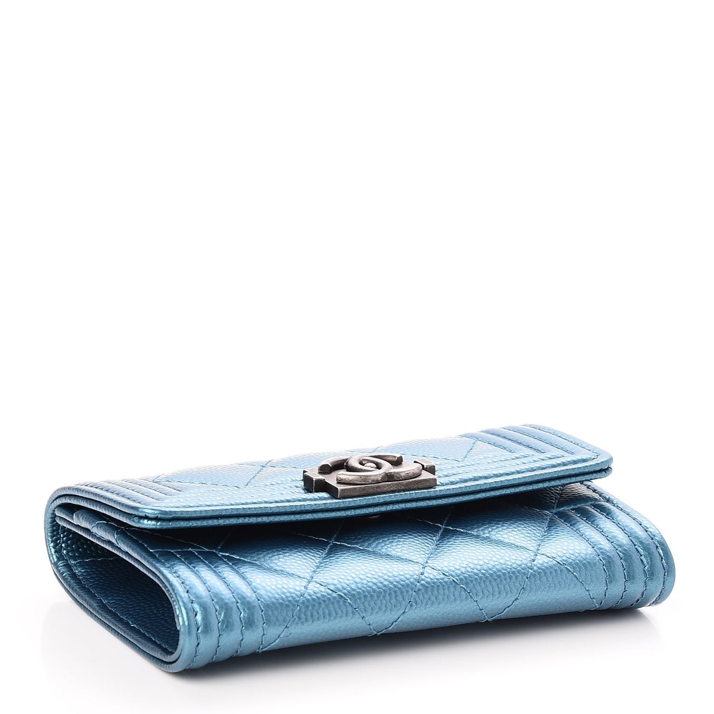 Metallic Caviar Quilted Boy Card Holder Wallet Turquoise