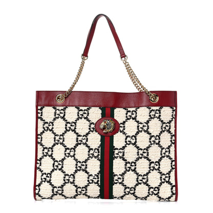 Gucci Tweed GG Monogram Large Rajah Chain Tote White Black Romantic Cherry 1 of 11
