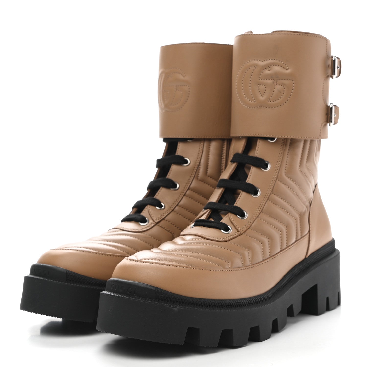 Gucci Nappa Frances GG Matelasse Platform Combat Boots 38 Natural Tan 3 of 9