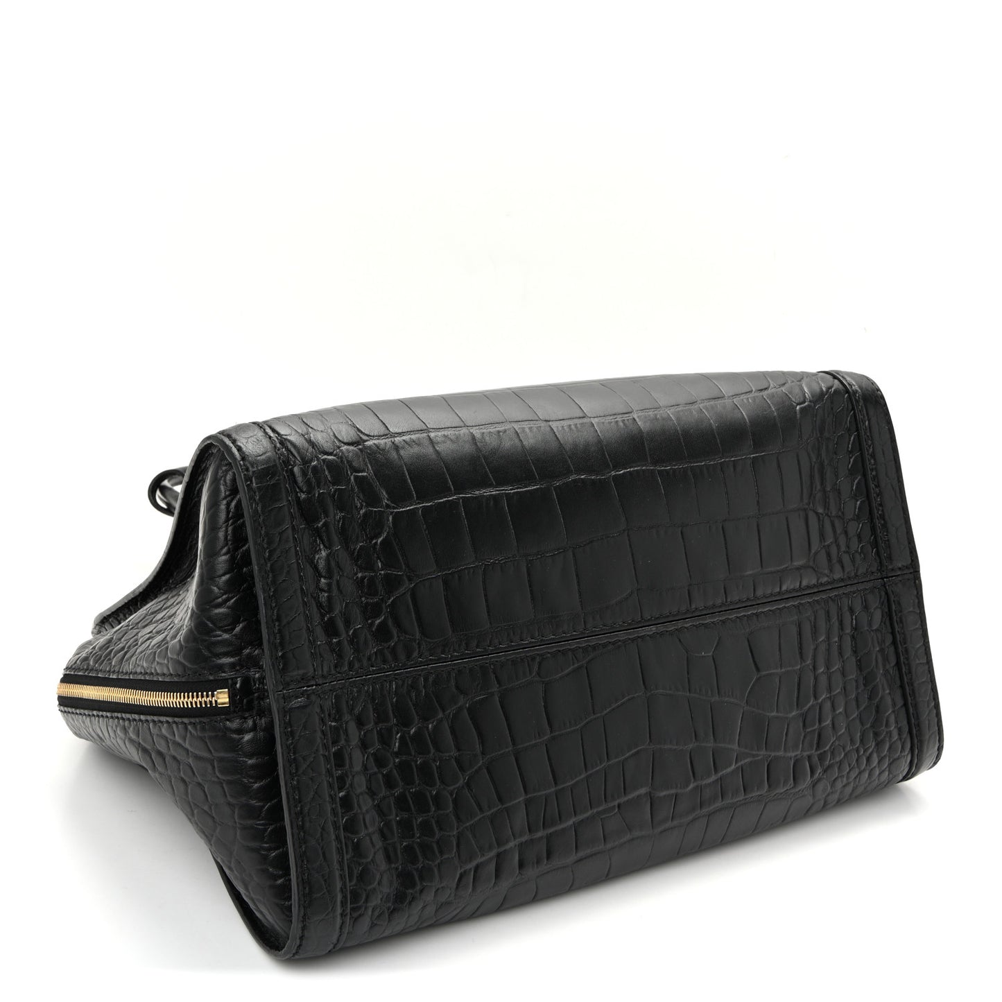 Calfskin Crocodile Embossed Large Skull Padlock Zip Around Tote Black