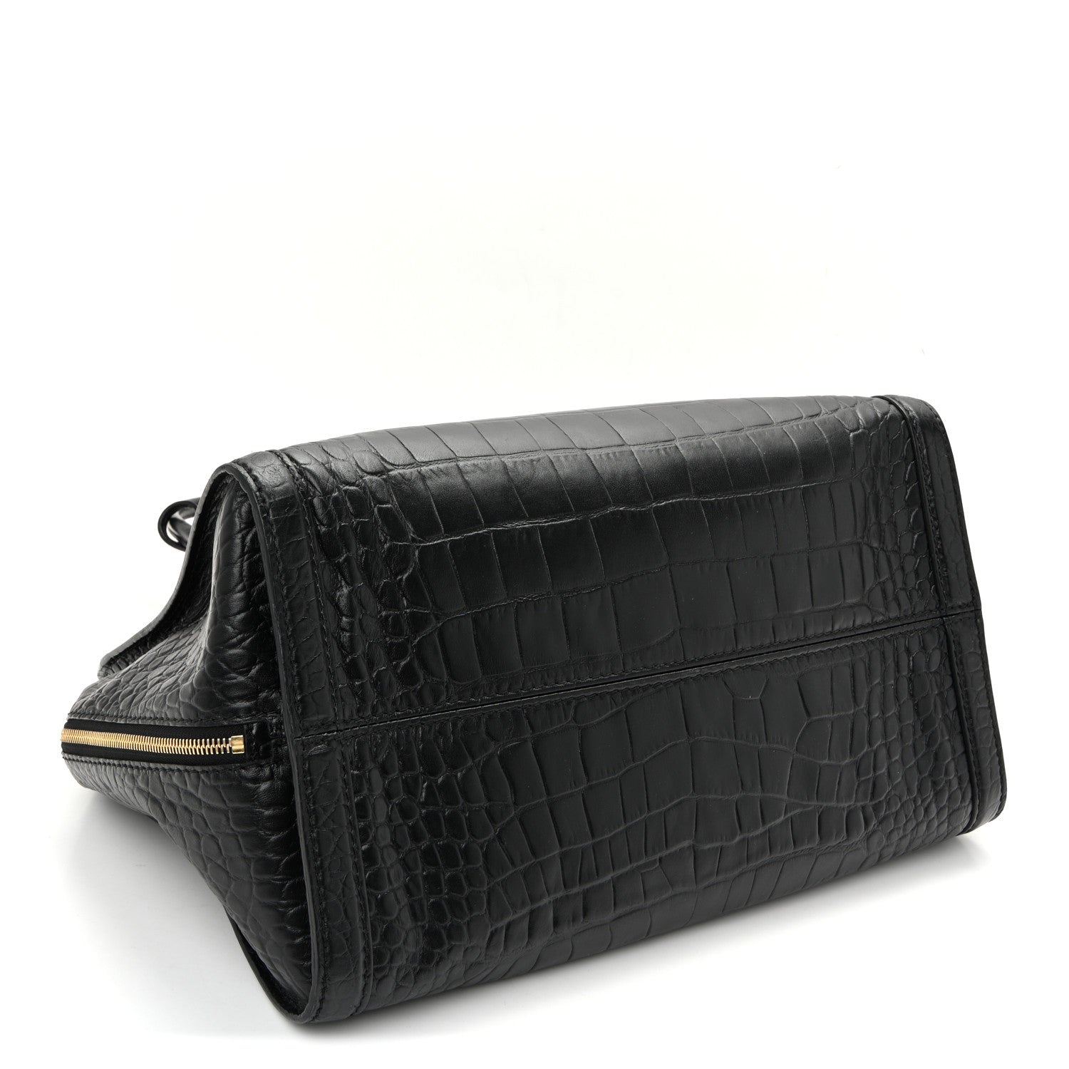 Alexander McQueen Calfskin Crocodile Embossed Large Skull Padlock Zip Around Tote Black 4 of 10