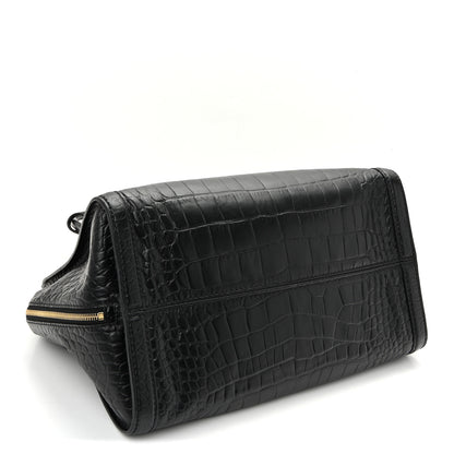 Alexander McQueen Calfskin Crocodile Embossed Large Skull Padlock Zip Around Tote Black 4 of 10