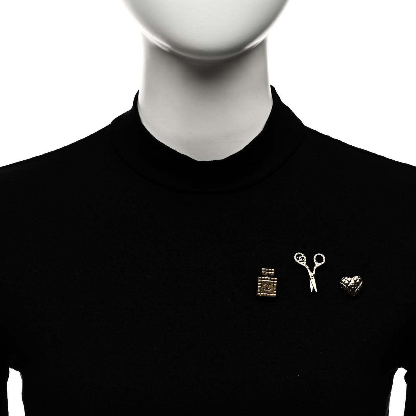 Metal Strass Crystal Quilted CC Heart Scissors Perfume Brooch Set Gold