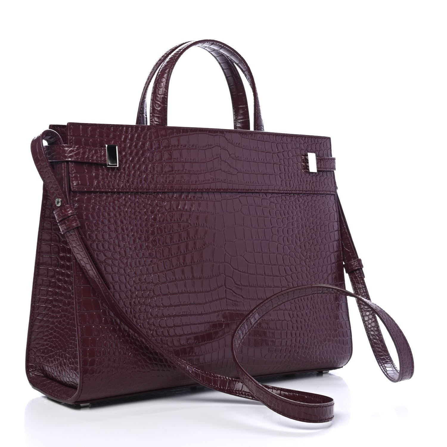 Saint Laurent Shiny Calfskin Crocodile Embossed Small Manhattan Shopper Tote Rouge Legion 2 of 4