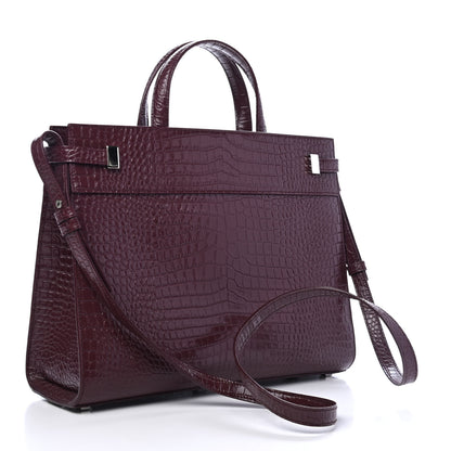 Saint Laurent Shiny Calfskin Crocodile Embossed Small Manhattan Shopper Tote Rouge Legion 2 of 4