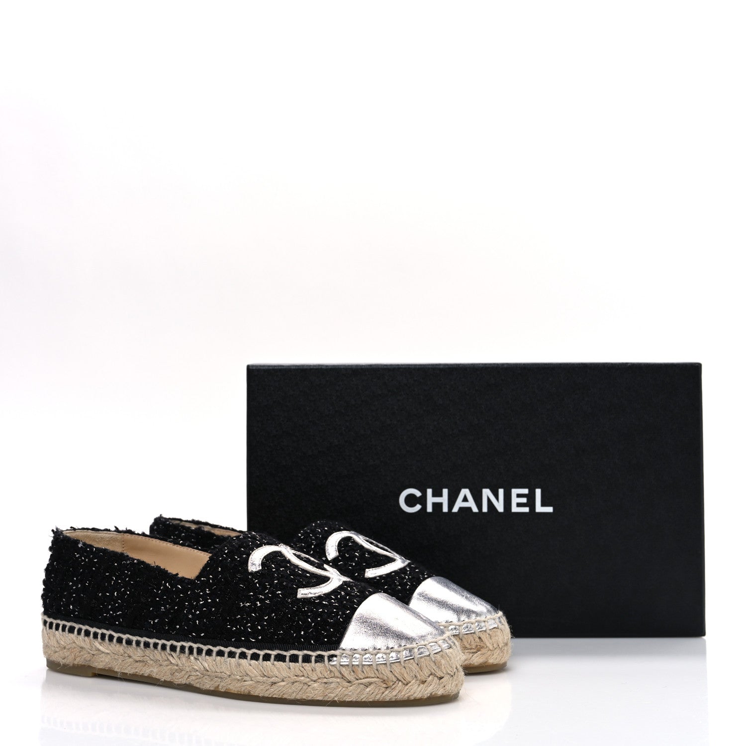 Chanel Laminated Lambskin Tweed CC Espadrilles 37 Black White Silver 11 of 11