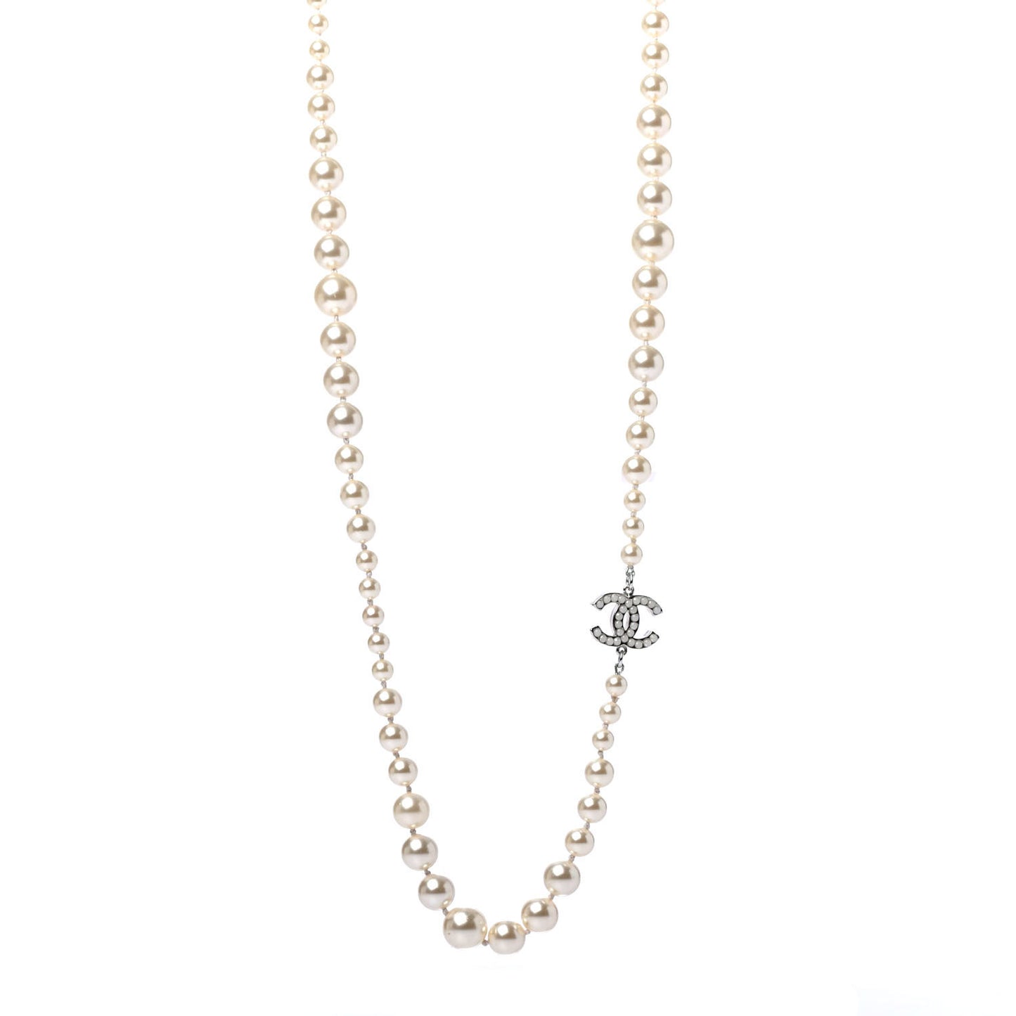 Graduated Pearl CC Long Necklace Silver
