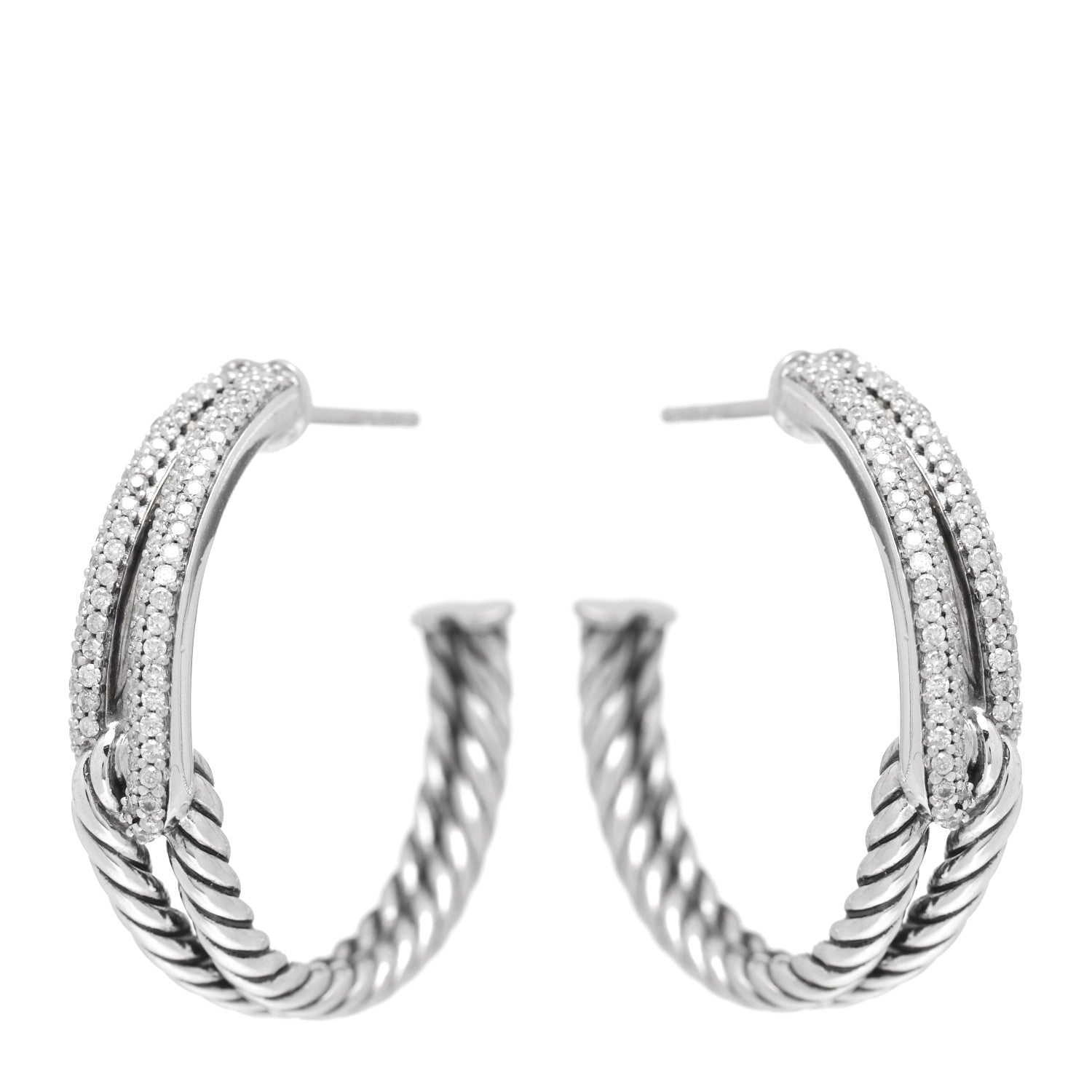David Yurman Sterling Silver Diamond Single Loop Labyrinth Hoop Earrings 1 of 4