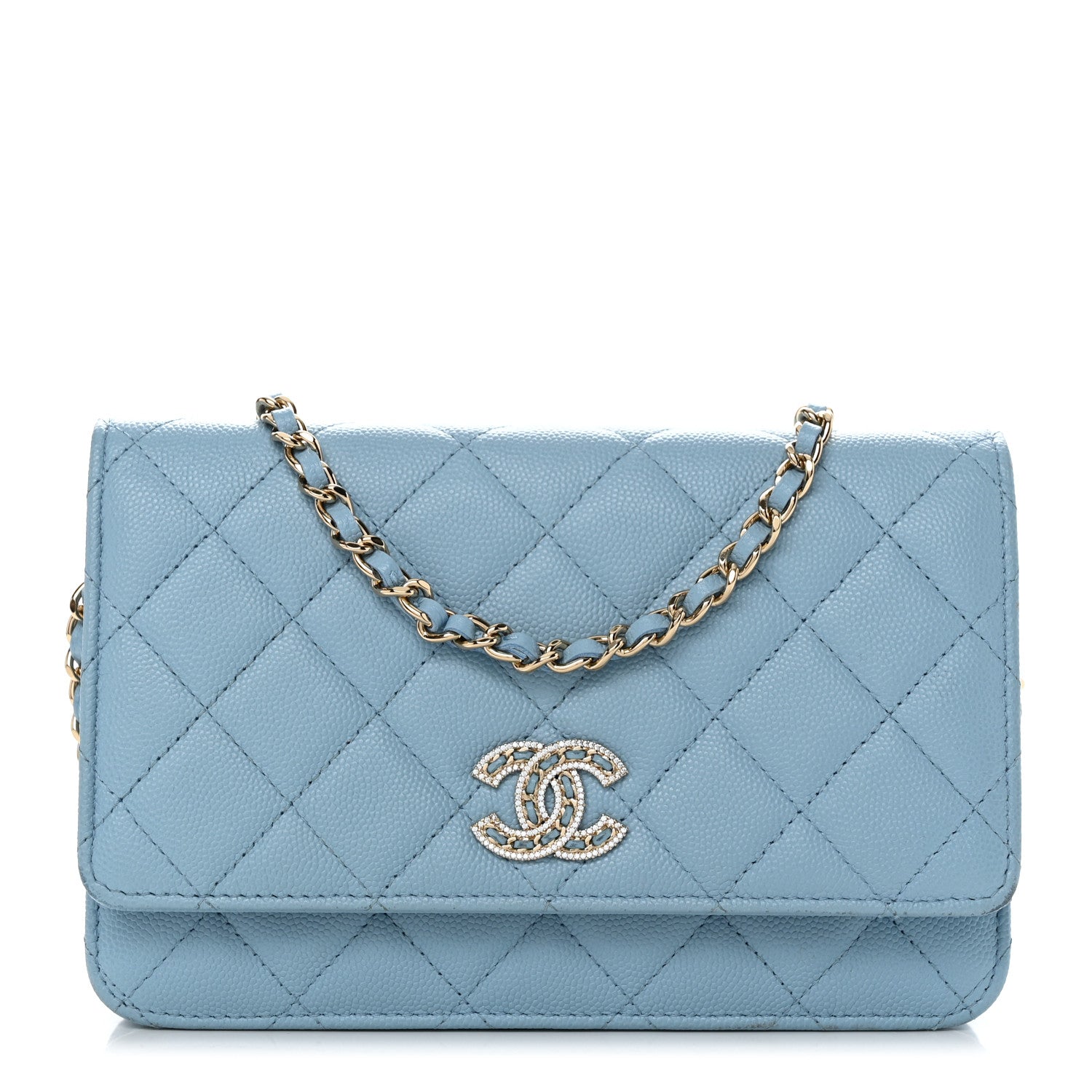 Chanel Caviar Quilted Crystal CC Wallet On Chain WOC Light Blue 1 of 12